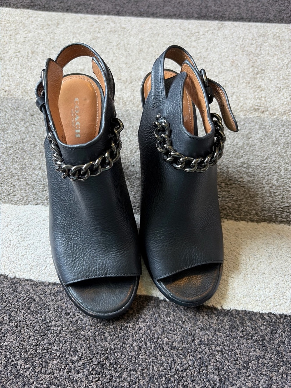 COACH Black Leather Chain Slingback Peep-Toe Wedge Sandals